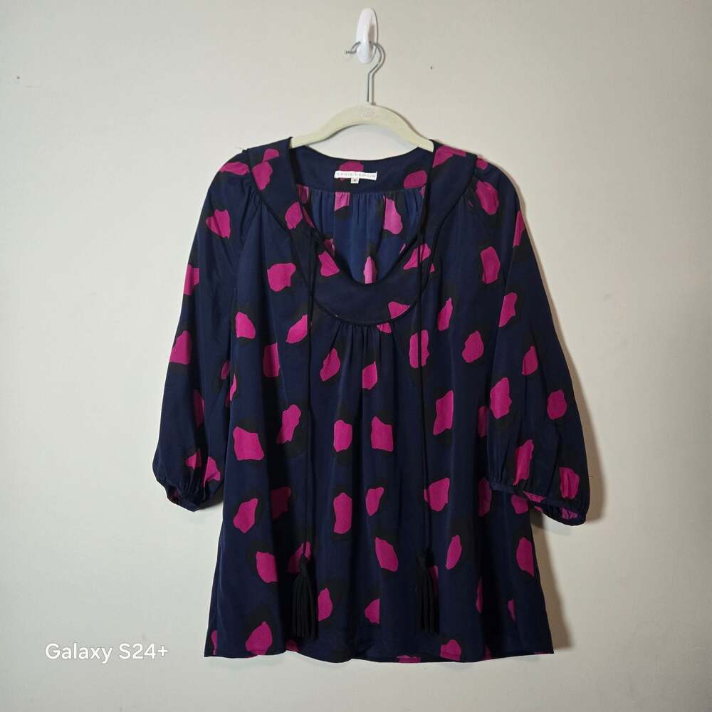 Annie Griffin Navy Blue and Pink Animal Print Tunic Blouse with Tassel Ties